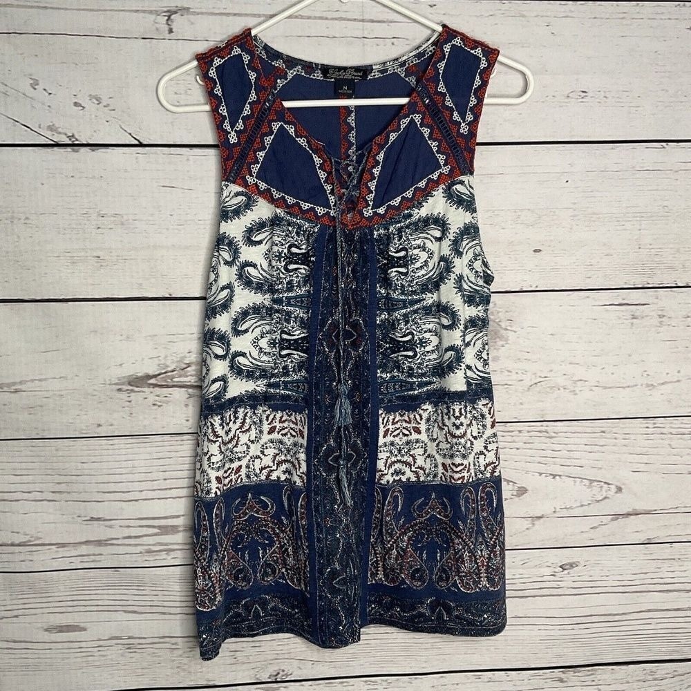 Lucky Brand Blue/Red Paisley Boho Tassel Tie Sleeveless Top Women Medium India